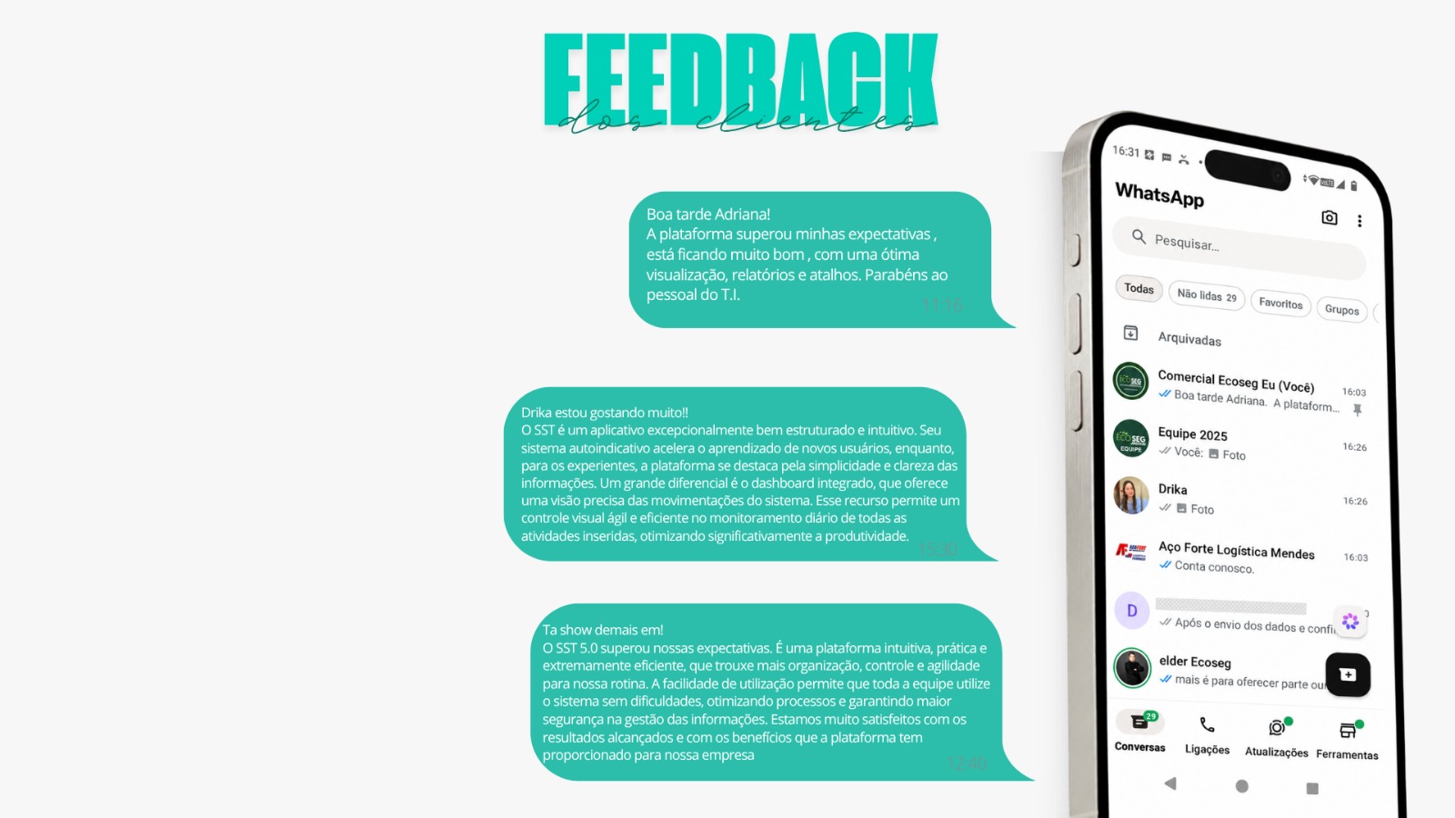 Feedbacks reais de clientes da Plataforma SST 5.0