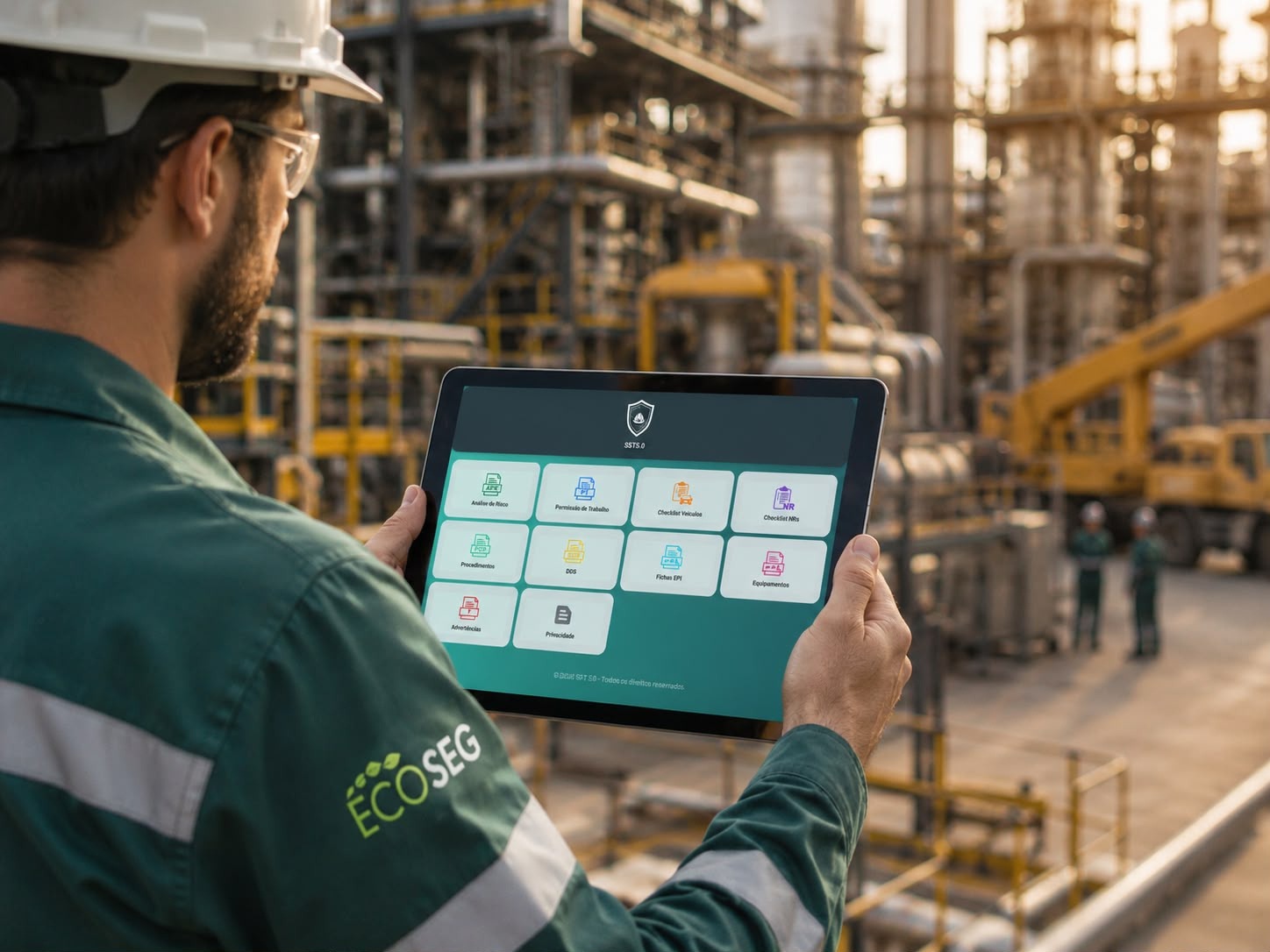 Profissional utilizando a Plataforma SST 5.0 na indústria